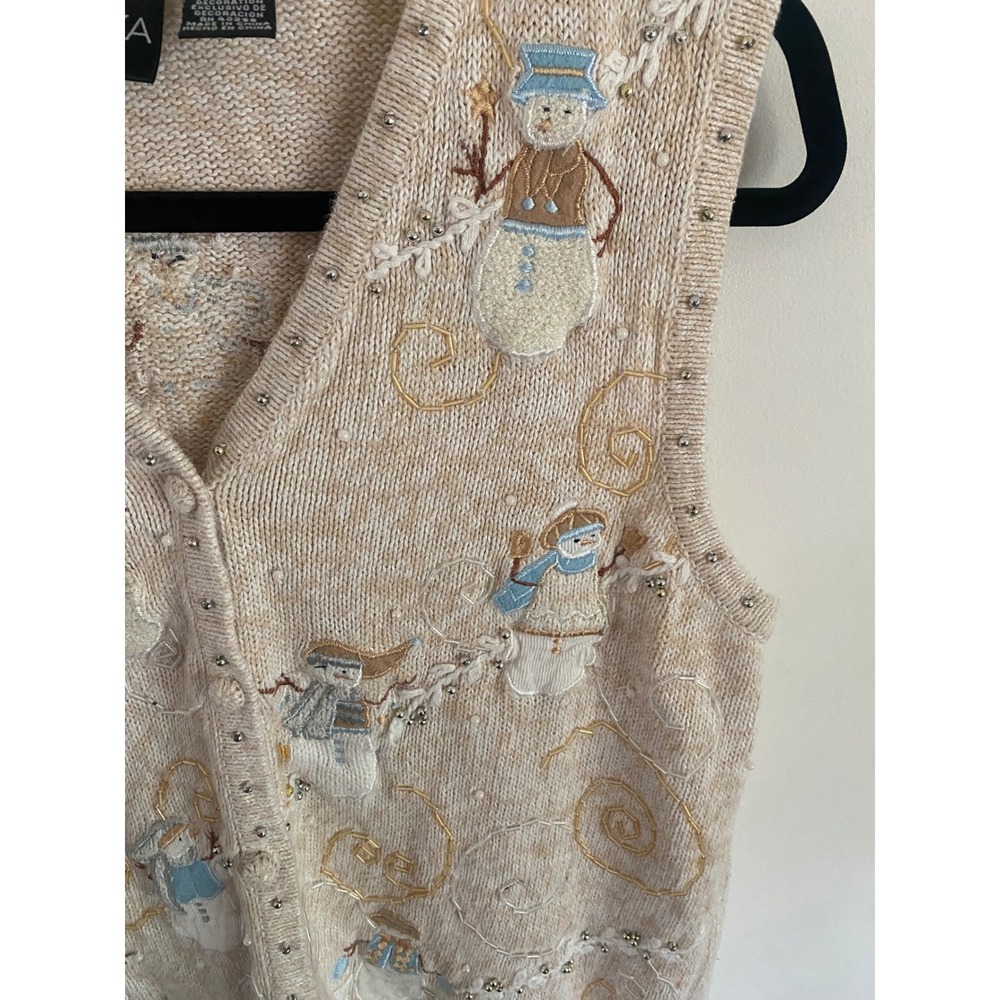 Erika Vintage Snowman Embroidered Beaded Sweater Vest Beige Womens Large Holiday - Picture 3 of 5